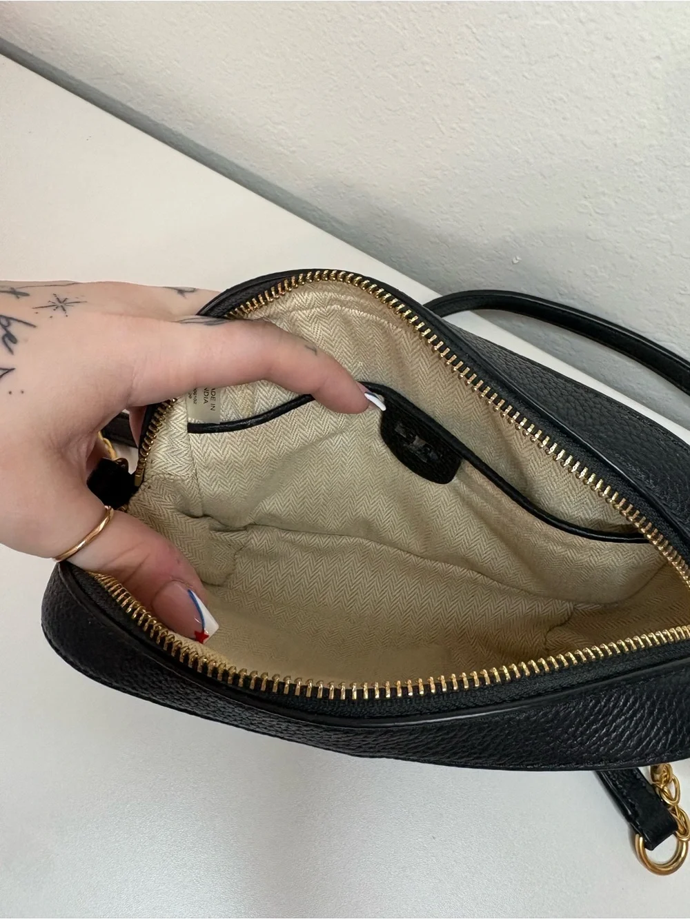 Tory Burch Black Pebbled Leather McGraw Camera Crossbody Bag gold hardware